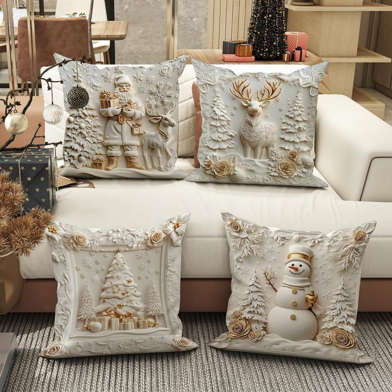 Christmas Themed Cushion Cover, 4 Counts/set Soft Comfortable Single Side Printing Decorative Cushion Cover, Cushion Cover for Home Living Room