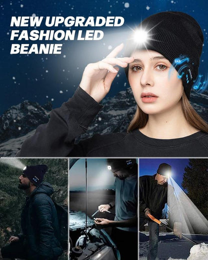 Bluetooth Beanie with Light, Unisex USB Rechargeable 4 LED Fashlight Hat with