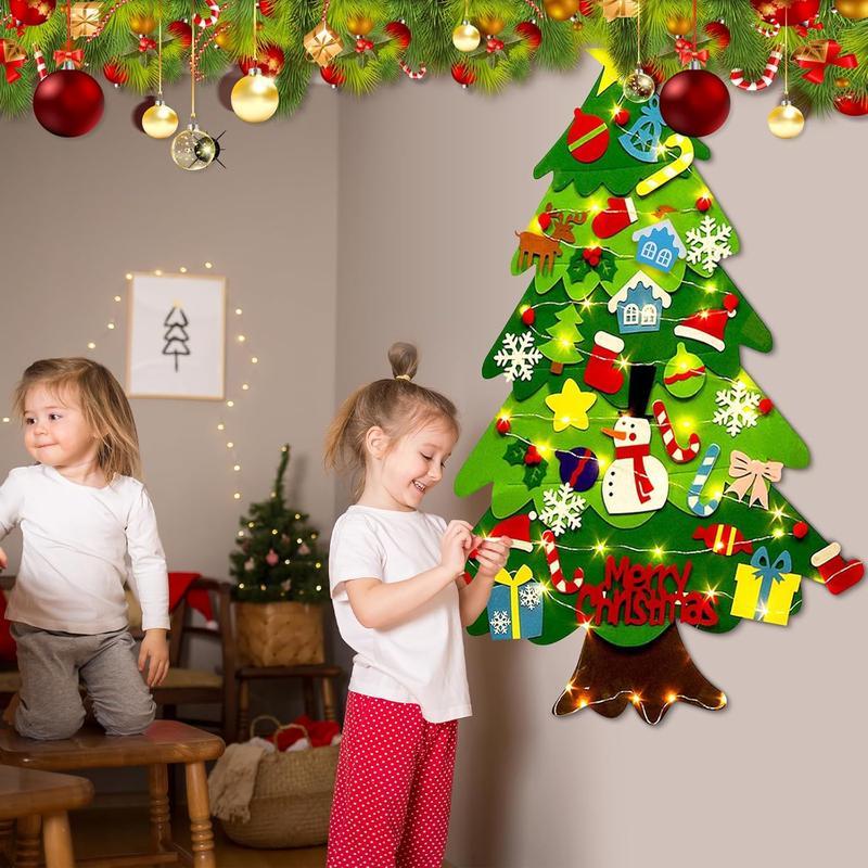 Felt Artificial Christmas Tree Set - Christmas Decorations 2025 with 26 Detachable Ornaments & LED Lights | DIY Wall Hanging Kit for Kids, Home Party Gift