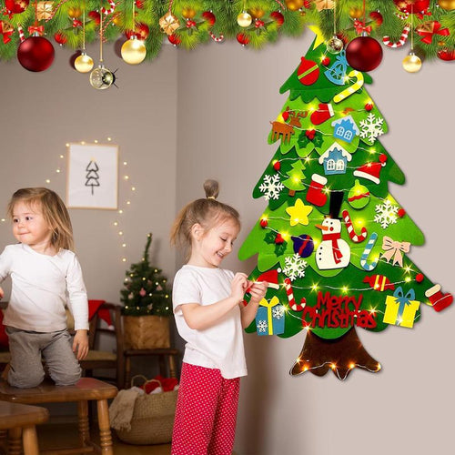 Felt Artificial Christmas Tree Set - Christmas Decorations 2025 with 26 Detachable Ornaments & LED Lights | DIY Wall Hanging Kit for Kids, Home Party Gift